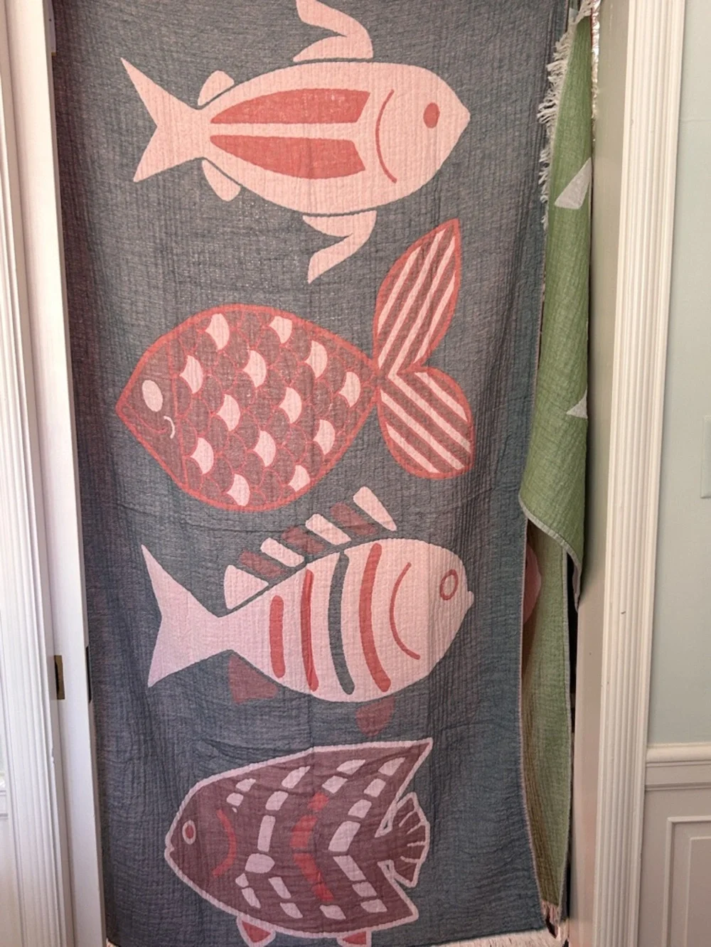 Modern Coastal Fish Woven Throw Towel Reversible Teal Coral FLiPSiDE NWT